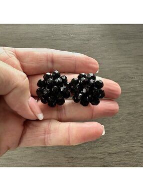 Vintage Signed LAGUNA Black Glass Cluster On Clip Earrings